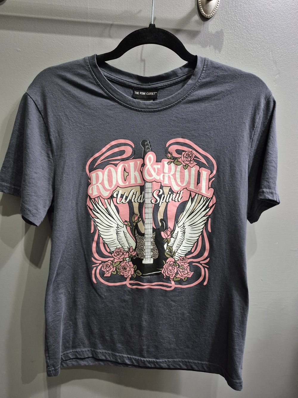 2 For $20 - Women's Rock & Roll Graphic Tee - Charcoal with Pink Leopard Guitar